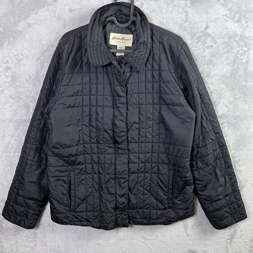 Eddie Bauer Quilted Jacket Women's Large Black Full Zip Winter Coat READ